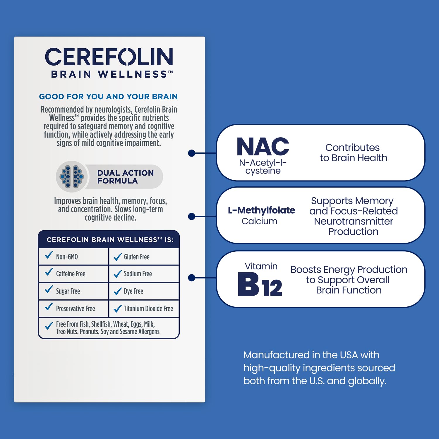 Cerefolin Brain Wellness, Targeted Nutrition for Cognitive Support, Improves Memory, Focus & Concentration, L-Methylfolate, NAC, B12, Neurologist Recommended (60 Count) CerefolinBuy Supplements Australia