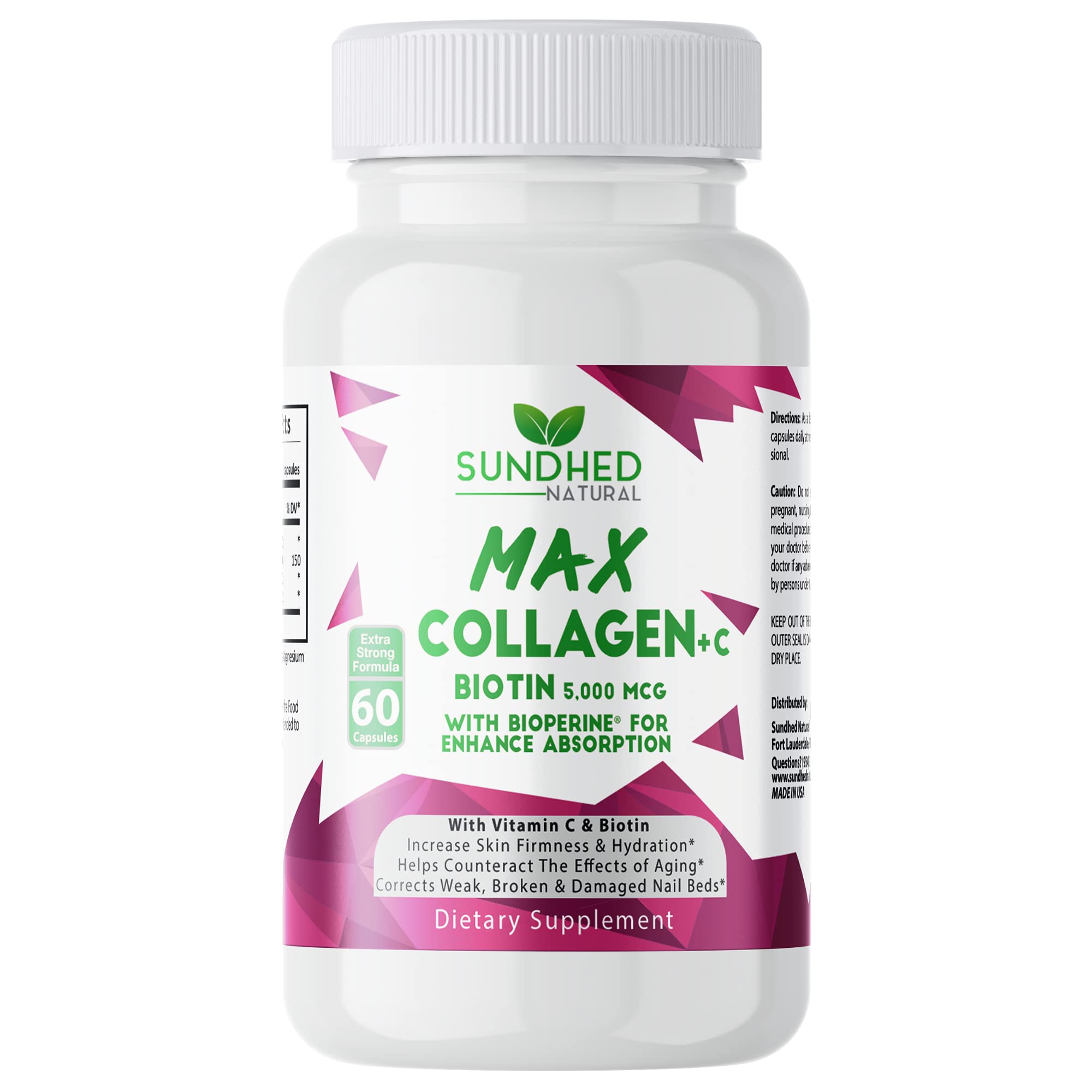 Sundhed Natural Max Collagen Plus C (60 caps) - All Natural Collagen Capsules with Biotin & Bioperine to Boost Anti Aging Hydration & Skin Firmness - Collagen Pills to Strengthen Bones & Nails Sundhed NaturalBuy Supplements Australia