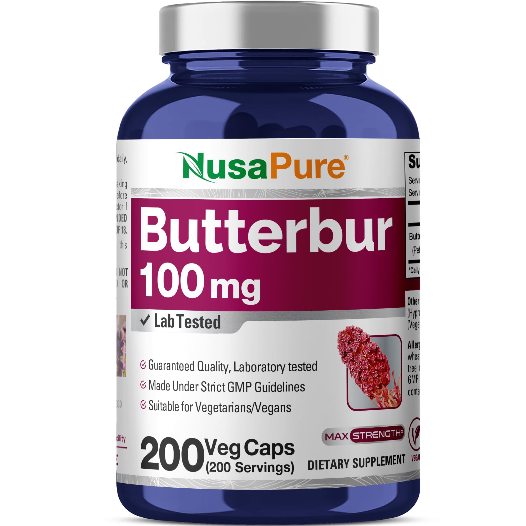NusaPure Butterbur Extract 100mg per caps 200 Veggie Capsules (Non-GMO, Vegetarian, Vegan) NusaPureBuy Supplements Australia