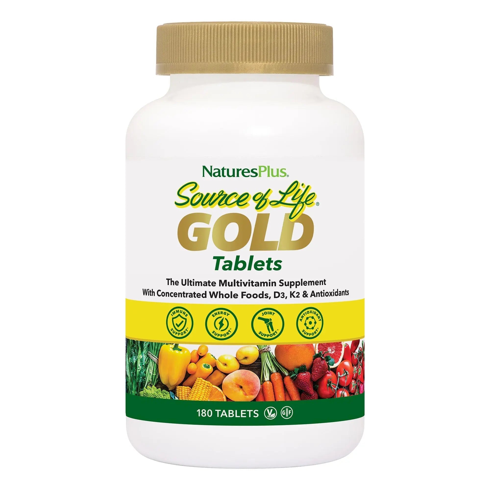 NaturesPlus Source of Life Gold Multivitamin - 180 Tablets - with Vitamins D3 & B12 - Blood, Bone & Immune Support - Vegetarian & Gluten Free - 60 Servings NaturesPlus