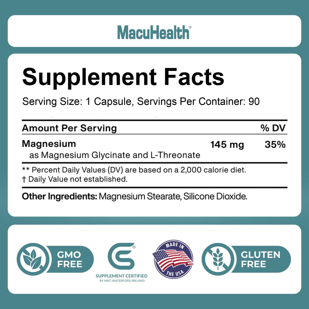 MacuHealth Magnesium Glycinate & L-Threonate 145mg - 90 Capsules - Highly Absorbable Magnesium for Energy, Calm & Focus - Gentle on Stomach, Vegan, Non-GMO