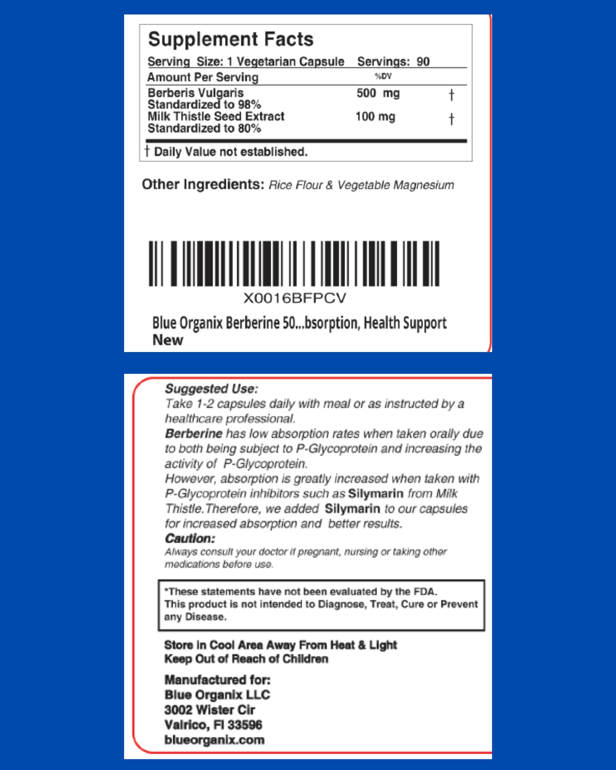 Blue Organix Berberine 500mg Formula HCL Complex Supplement with Silymarin Blue OrganixBuy Supplements Australia