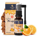 Anatolia Life Bee Propolis spray with packaging, honeycomb, and oranges on a white background