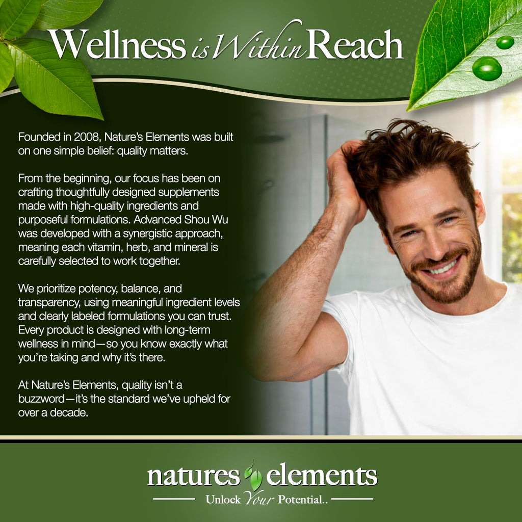 Natures Elements Advanced Shou Wu for Gray Hair – Prepared He Shou Wu for Hair Growth with Biotin, Bioperine, Fo-Ti Root & More – 100% Natural – 60 Tablets – Non-GMO, Gluten-Free Natures ElementsBuy Supplements Australia
