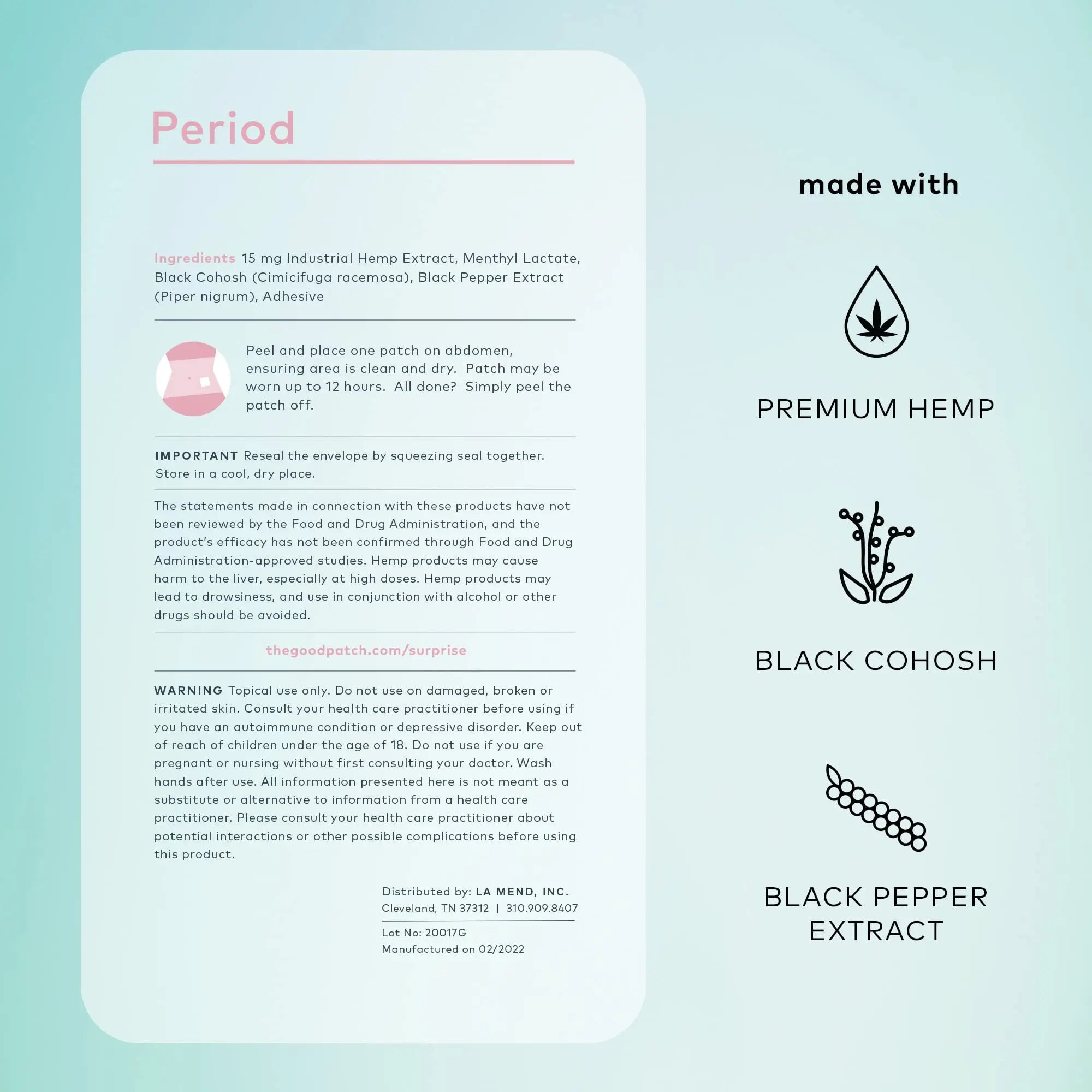 The Good Patch Period Patch with Hemp for Cramps, Sustained Release for up to 12 Hours, Natural Patch with Hemp, Black Cohosh, Plant Powered Wearable Wellness (16 Total Patches) The Good PatchBuy Supplements Australia