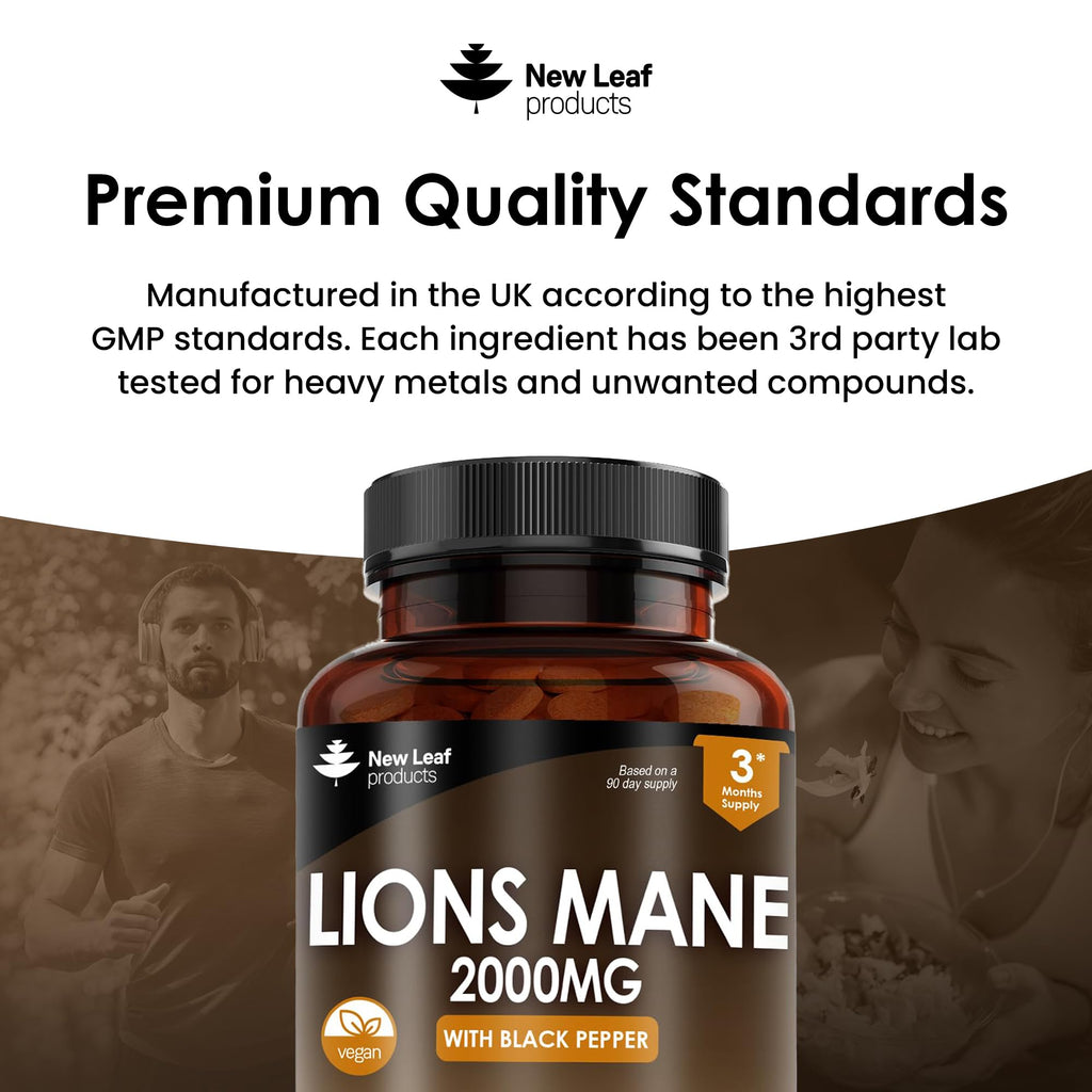 Lions Mane Mushroom Extract Supplement 2000mg - 180 High Strength Vegan Tablets NEW LEAF PRODUCTSBuy Supplements Australia