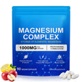 Supplement package for magnesium complex with blue label, white capsules, and fruits on a white background