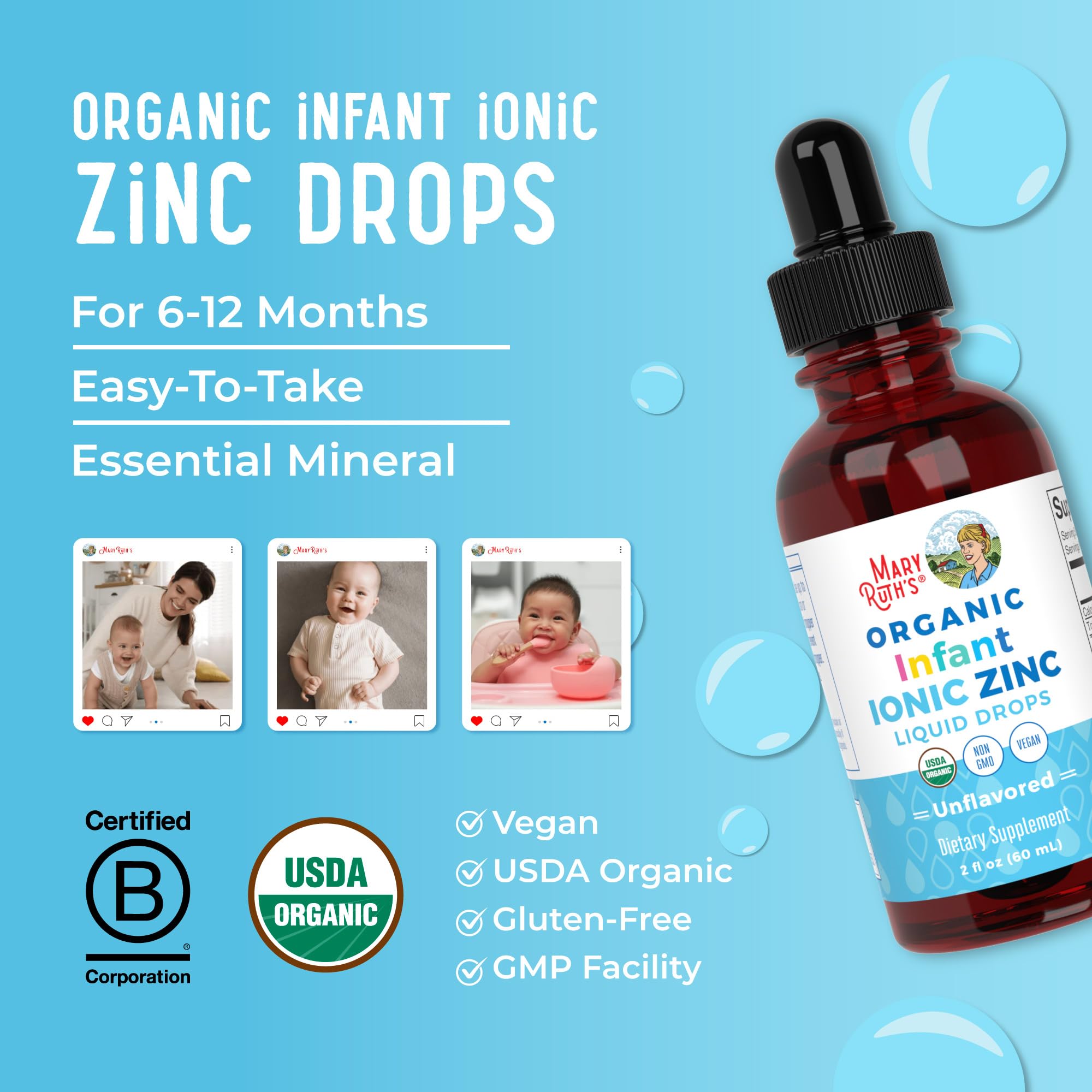 MaryRuth Organics Organic Infant Ionic Zinc Liquid Drops | Zinc Sulfate for Immune Support | Organic Glycerin | Antioxidant | Vegan | Formulated for Babies Ages 6-12 Months | 1 Month Supply | 2 Fl Oz MARYRUTH'SBuy Supplements Australia