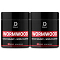 Two black jars of 'Wormwood' dietary supplement with red labels on a white background.