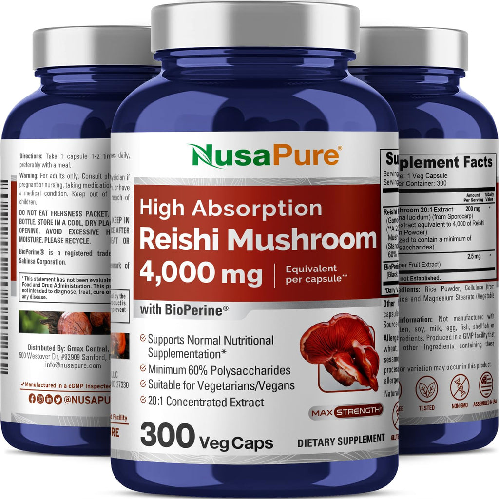NusaPure Reishi Mushroom Extract 20:1 Extract, 200 mg Equivalent to 4000mg per Capsule 300 Veggie Caps Vegan, Non-GMO, Vegan NusaPureBuy Supplements Australia
