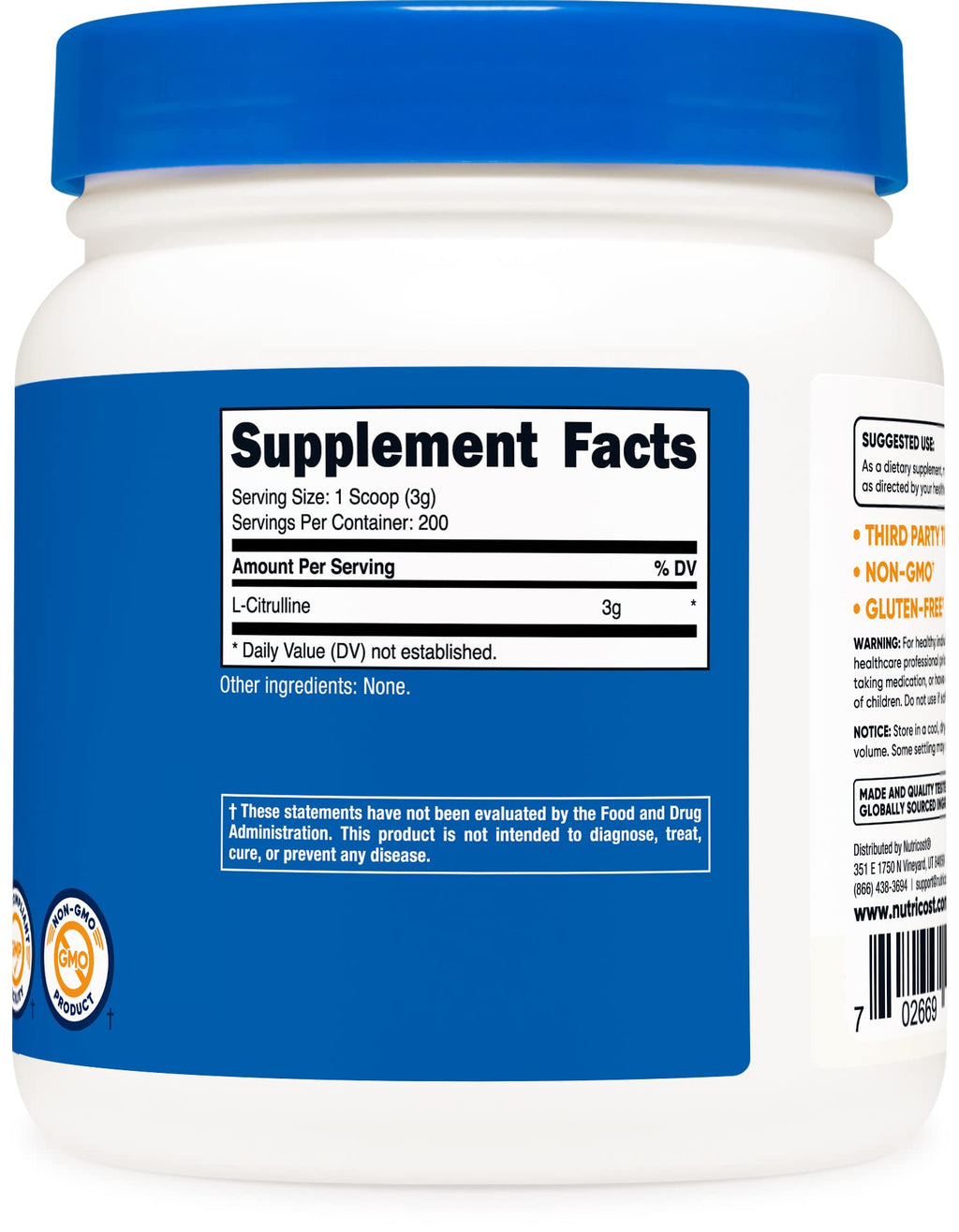 Nutricost Pure L-Citrulline (Base) Powder (600 Grams) NutricostBuy Supplements Australia