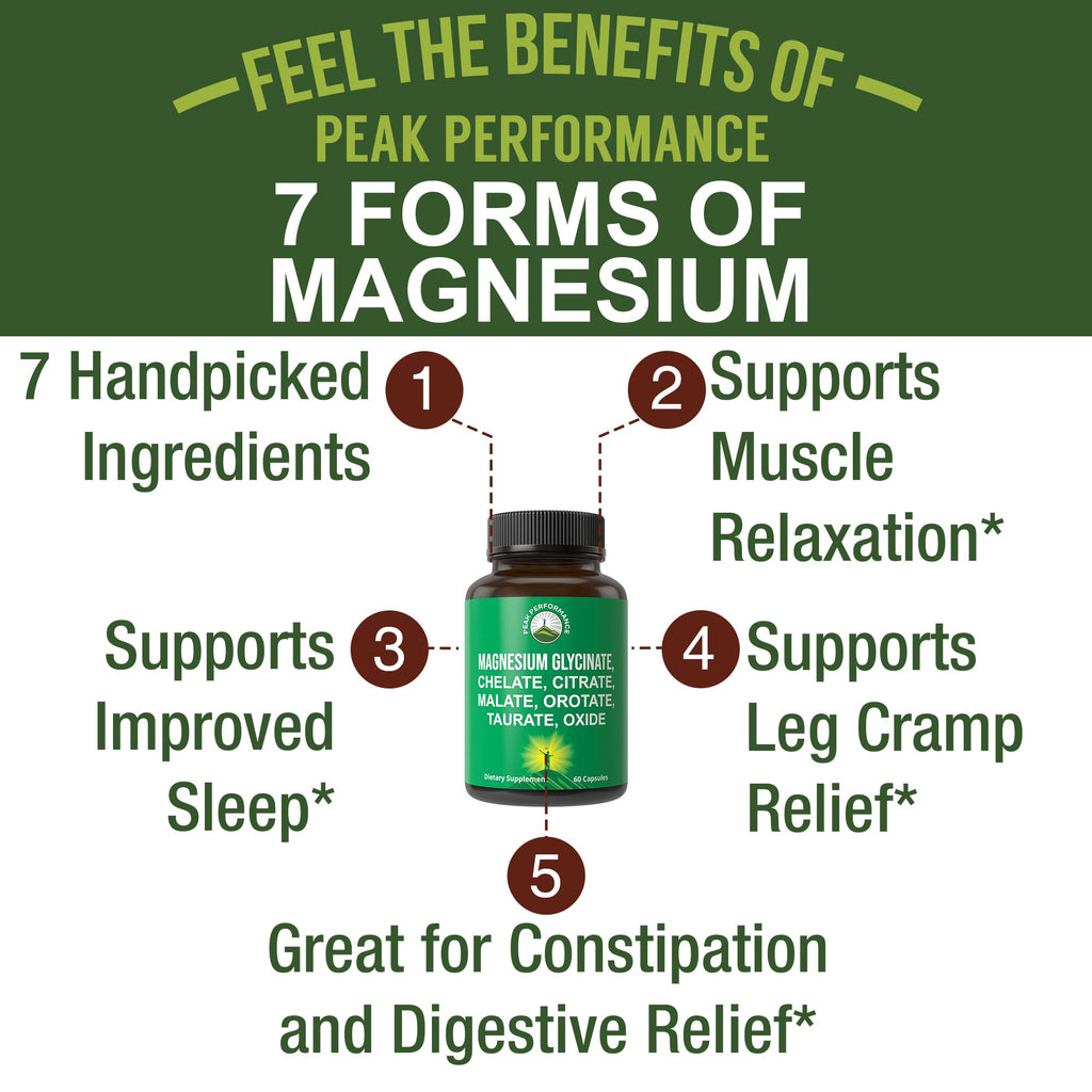 Magnesium Glycinate + Citrate + Malate + Chelate + Orotate + Taurate + Oxide. 7 Forms of Magnesium Complex. 500mg Supplement Capsules for Women & Men. 2 Pills for Sleep, Leg Cramps, Muscles Peak PerformanceBuy Supplements Australia