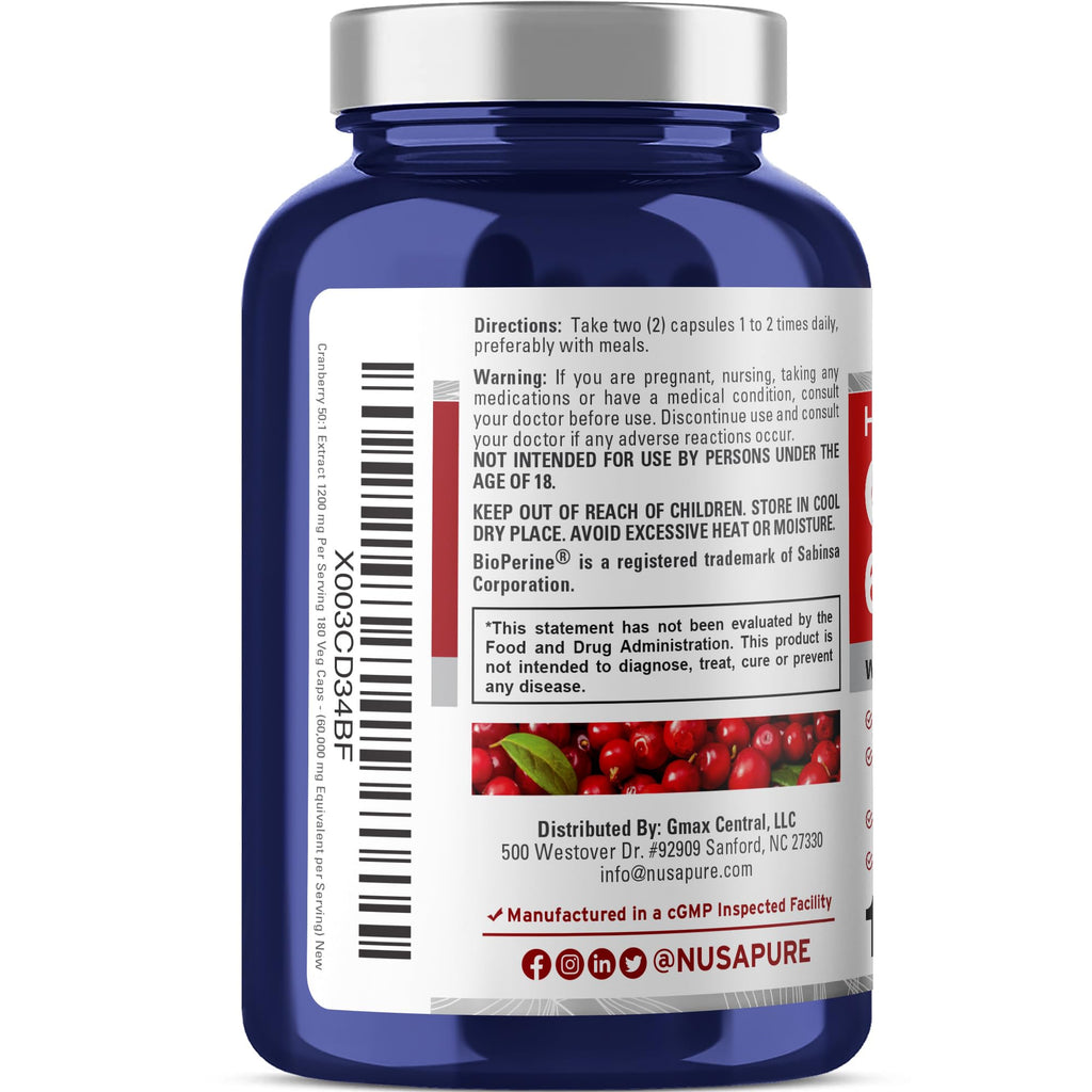 NusaPure Cranberry 60,000 mg 180 Veg Caps (Bioperine, Non-GMO, Vegan) NusaPureBuy Supplements Australia