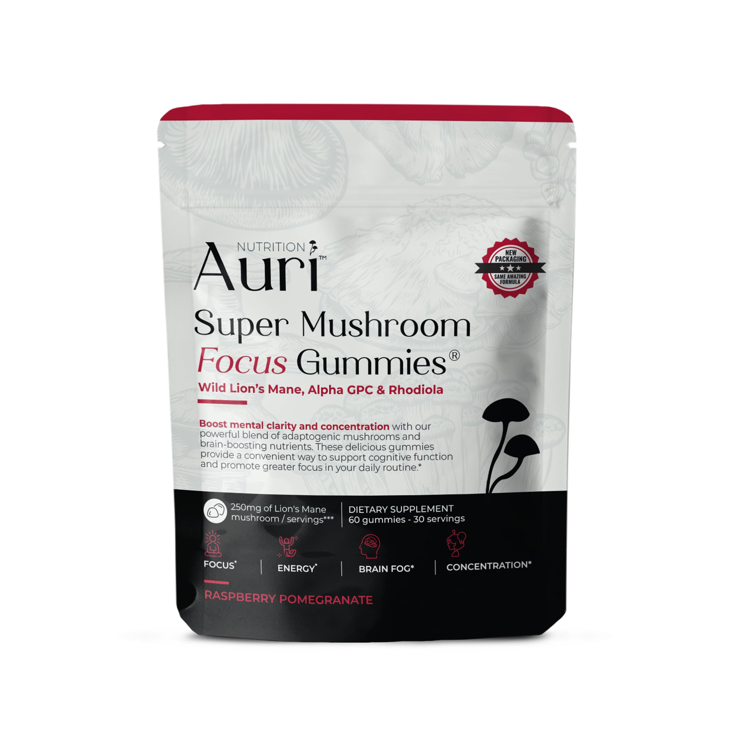 Auri Nutrition Super Mushroom Focus Gummies w/Lion's Mane, Alpha GPC & Rhodiola – Mushroom Supplement to Support Cognitive Function, Mental Clarity, Focus & Energy