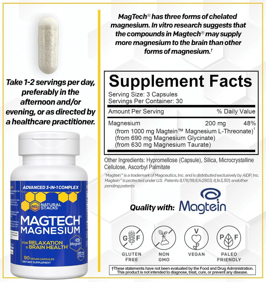 Magtein Magnesium L-Threonate, Glycinate & Taurate – 200mg Chelated Magnesium Complex – MagTech Magnesium Supplement for Relaxation & Brain Health – 90 Capsules NATURAL STACKSBuy Supplements Australia