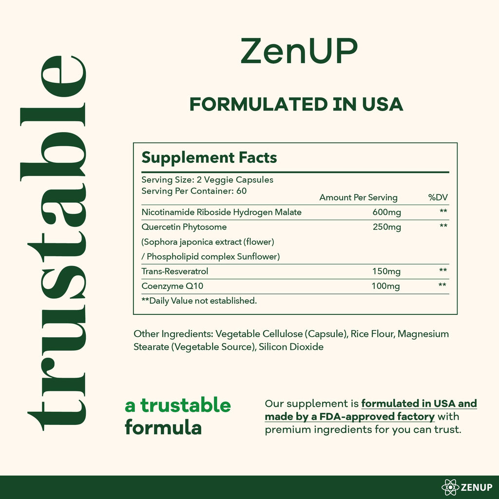 ZenUP NAD+ Supplement | 1100mg Liposomal Nicotinamide Riboside with Resveratrol & Quercetin | Anti-Aging, Cellular Energy, Mental Focus | 120 Caps ZenUPBuy Supplements Australia