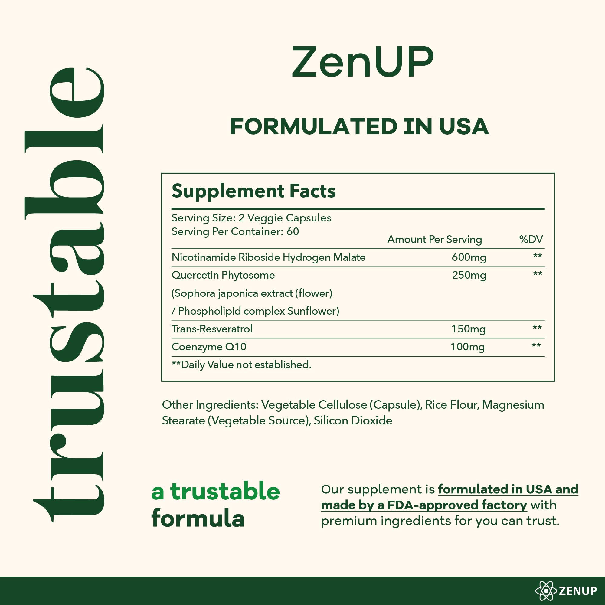 ZenUP NAD+ Supplement | 1100mg Liposomal Nicotinamide Riboside with Resveratrol & Quercetin | Anti-Aging, Cellular Energy, Mental Focus | 120 Caps ZenUPBuy Supplements Australia