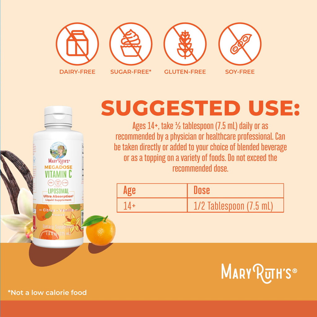 MaryRuth's Megadose Liquid Vitamin C Liposomal | 500 mg Per Serving | Ultra Absorption | Immunity | Antioxidant Support | Collagen Formation | Vegan | Gluten Free | Sugar Free | 7.6 Oz | 30 Servings MARYRUTH'SBuy Supplements Australia