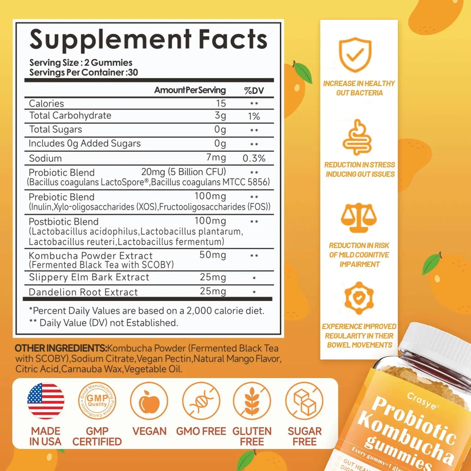 Crasye Probiotic Kombucha Gummies Sugar Free Prebiotic Postbiotic Probiotics Gummies with Slippery Elm for Women and Men Bloating Gut Health Immune and Digestive Support - 60 Gummies - 30 Servings CrasyeBuy Supplements Australia
