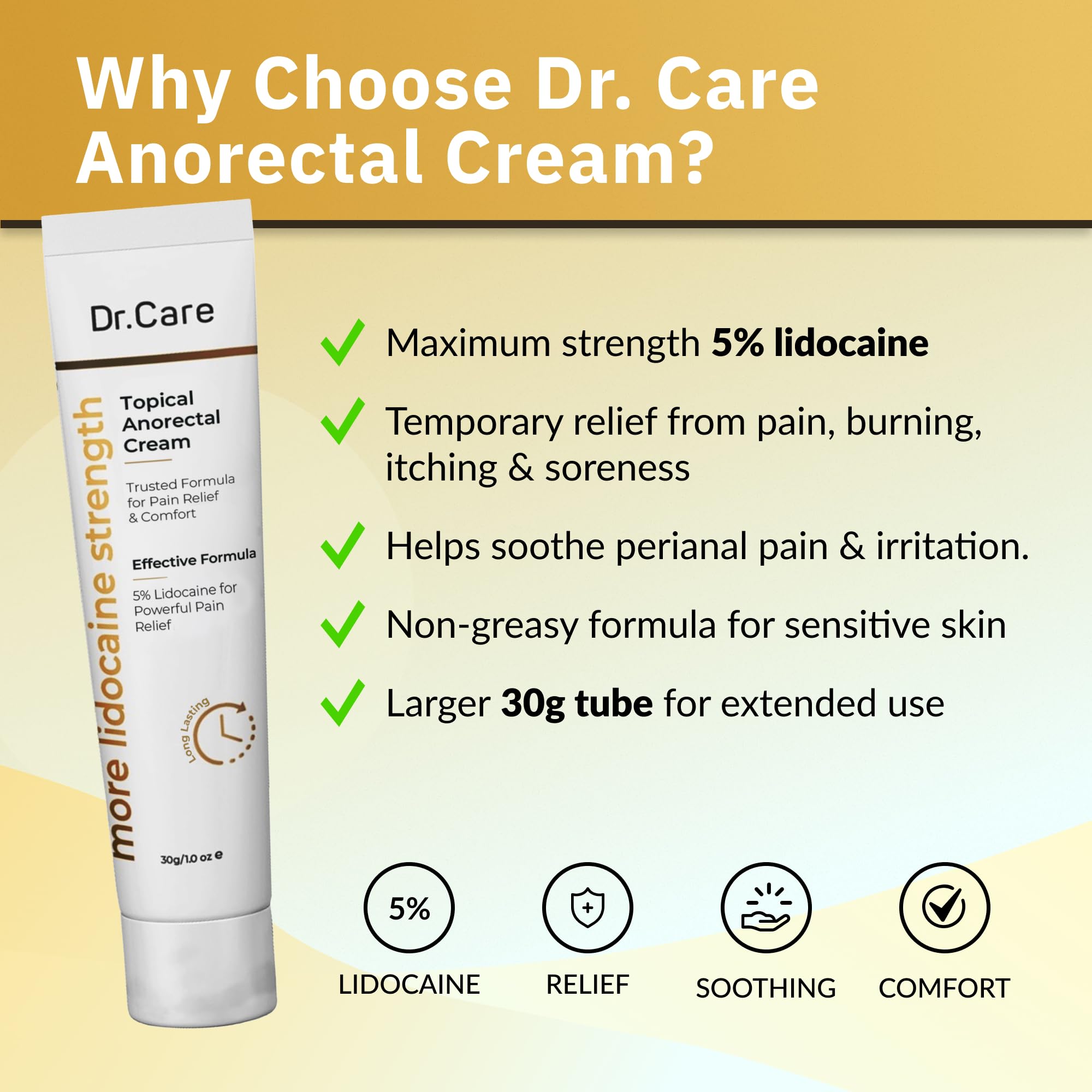 Dr Care Anorectal Cream with 5% Lidocaine - Maximum Strength Topical Anesthetic for Hemorrhoid Relief, Itching, & Burning (1.0 oz) Dr CareBuy Supplements Australia