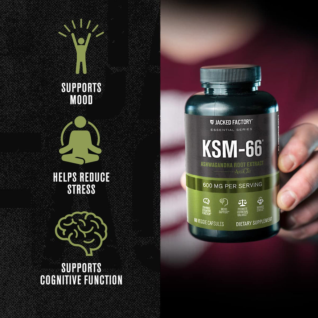 Jacked Factory Ashwagandha Root Extract (KSM-66 Ashwagandha) w/ 5% Withanolides - Supplement for Natural Stress Relief, Cognitive Function, Vitality, and Mood Support - 60 Veggie Capsules Jacked FactoryBuy Supplements Australia