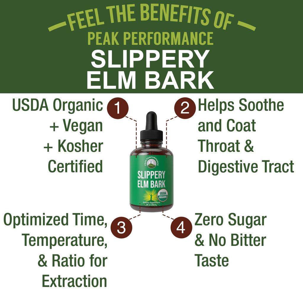 Slippery Elm Bark USDA Organic Vegan Liquid Drops. Extract with High Bioavailability for Women, Men, Kids. for Sore Throat, Irritated Stomach. Zero Sugar, Gluten Free, Tincture Supplement No Capsules Peak PerformanceBuy Supplements Australia