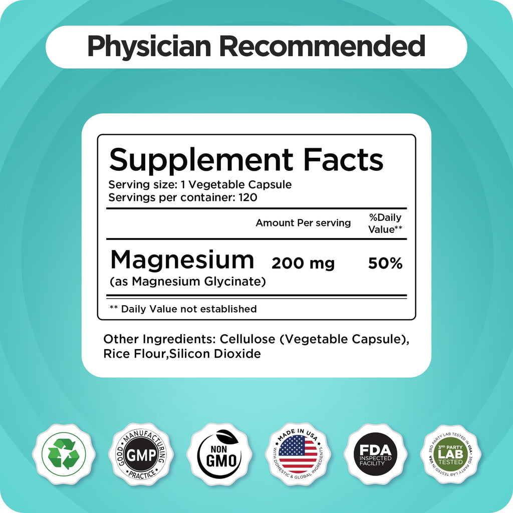 Magnesium Bisglycinate 200mg - High Absorption Chelated Magnesium Supplement - Gentle on Stomach, Non-GMO, Gluten-Free, Supports Sleep, Muscle Cramps & Positive Mood - 120 Vegan Capsules BalancebreensBuy Supplements Australia