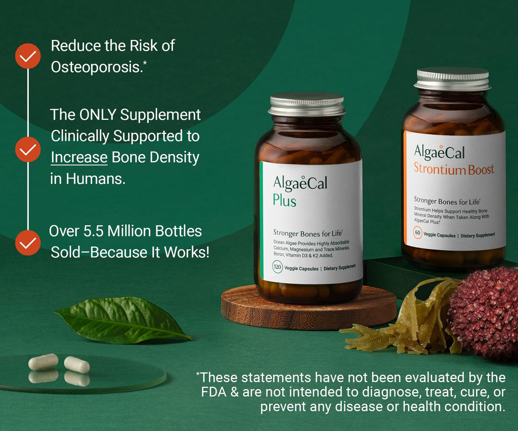 ALGAECAL Bone Builder Pack - Plant Based Calcium Supplement & Strontium - Organic Calcium 750mg with Vitamin D3 1600 IU, Vitamin K2, Magnesium