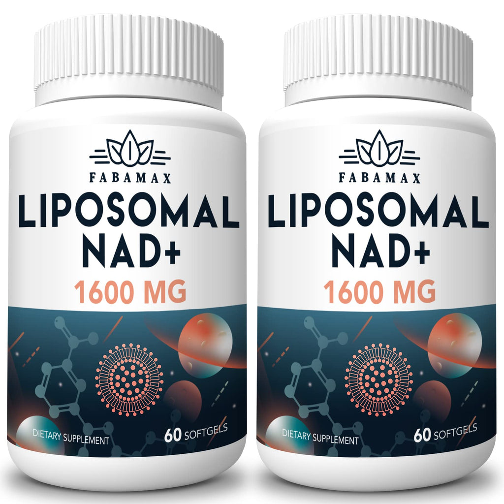 Two bottles of Fabamax Liposomal NAD+ 1600 MG dietary supplements on a white background