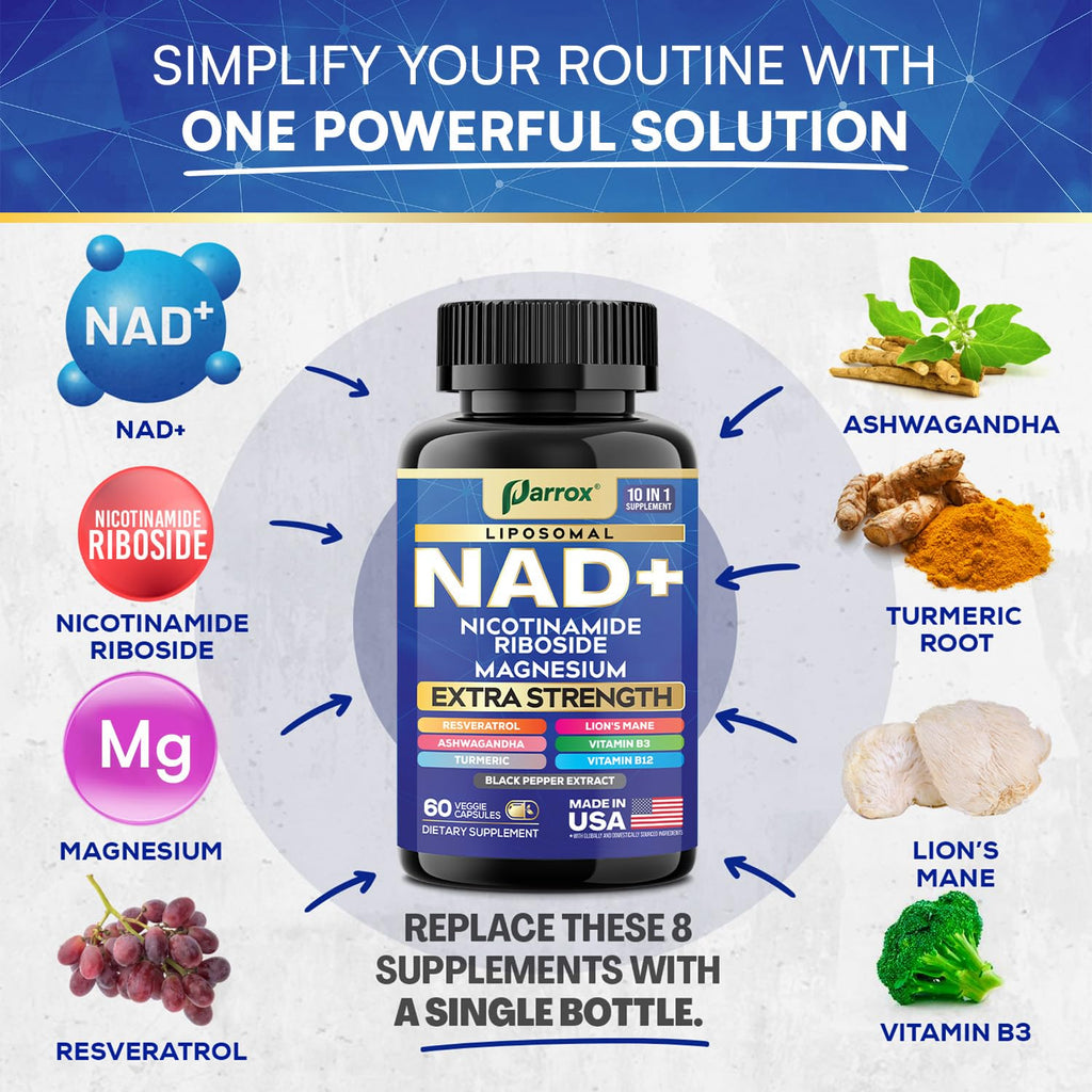Parrox NAD+ Supplement with Liposomal NAD+, Nicotinamide Riboside, Magnesium, Vitamin B3 & B12, Resveratrol, Turmeric, Ashwagandha, Lion’s Mane,10-in-1 Extra Strength (2 Pack) ParroxBuy Supplements Australia