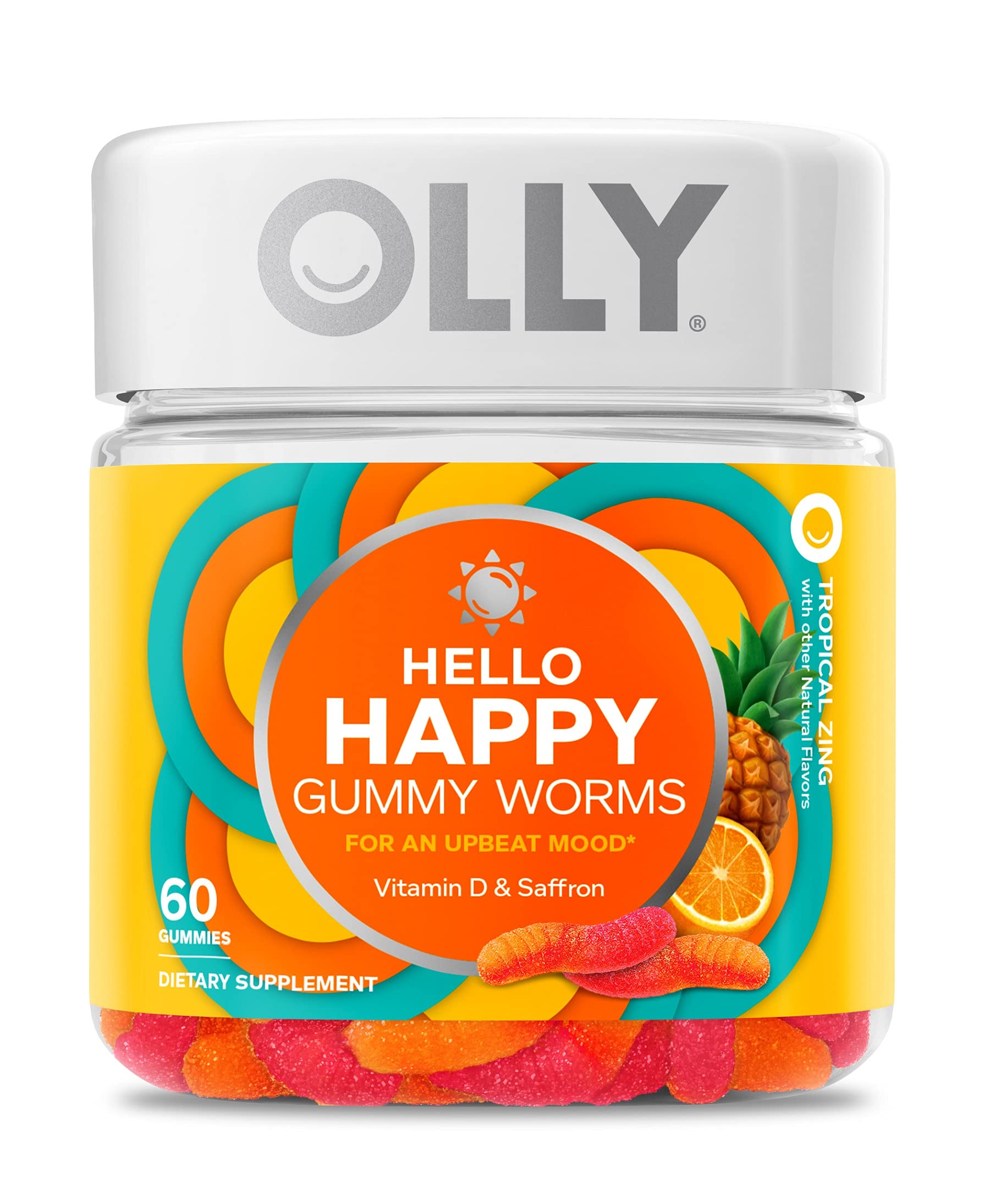 OLLY Hello Happy Gummy Worms, Mood Support Gummies For Adults,* Saffron Extract, Vitamin D, Tropical Zing Flavored, 30 Day Supply - 60 Count OLLY buy supplements Au
