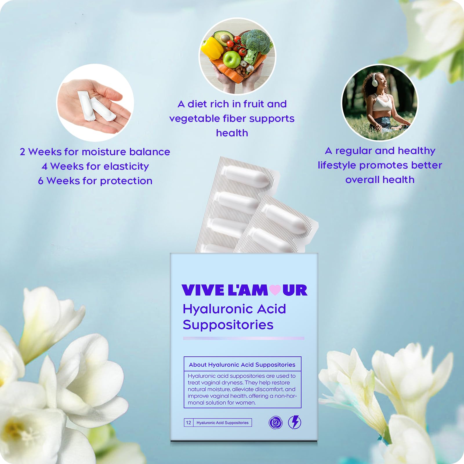 Vive L'Amour 15mg Hyaluronic Acid Vaginal Suppositories (2-Pack, 24 Count), Vaginal Moisturizer, Continuous Hydration, Relieves Vaginal Dryness, Restores Natural Softness & Elasticity, Vaginal Health Vive L'AmourBuy Supplements Australia