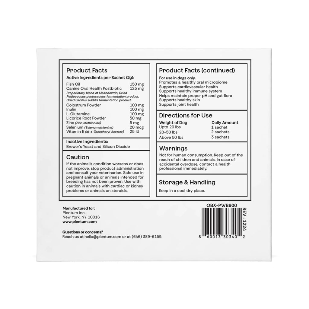 Daily Prebiotic + Postbiotic Dog Supplement Powder | 12-in-1 Support for Gut, Joints, Allergy, Immunity, Calming & Oral Health | Human-Grade Ingredients, No Artificial Flavors-No Fillers - 30 Sachets PlentumBuy Supplements Australia