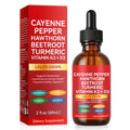 Cayenne Pepper Hawthorn Beetroot Turmeric Vitamin K2+D3 liquid drops with packaging on a white background