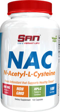 Supplement bottle labeled 'NAC' by SAN on a white background