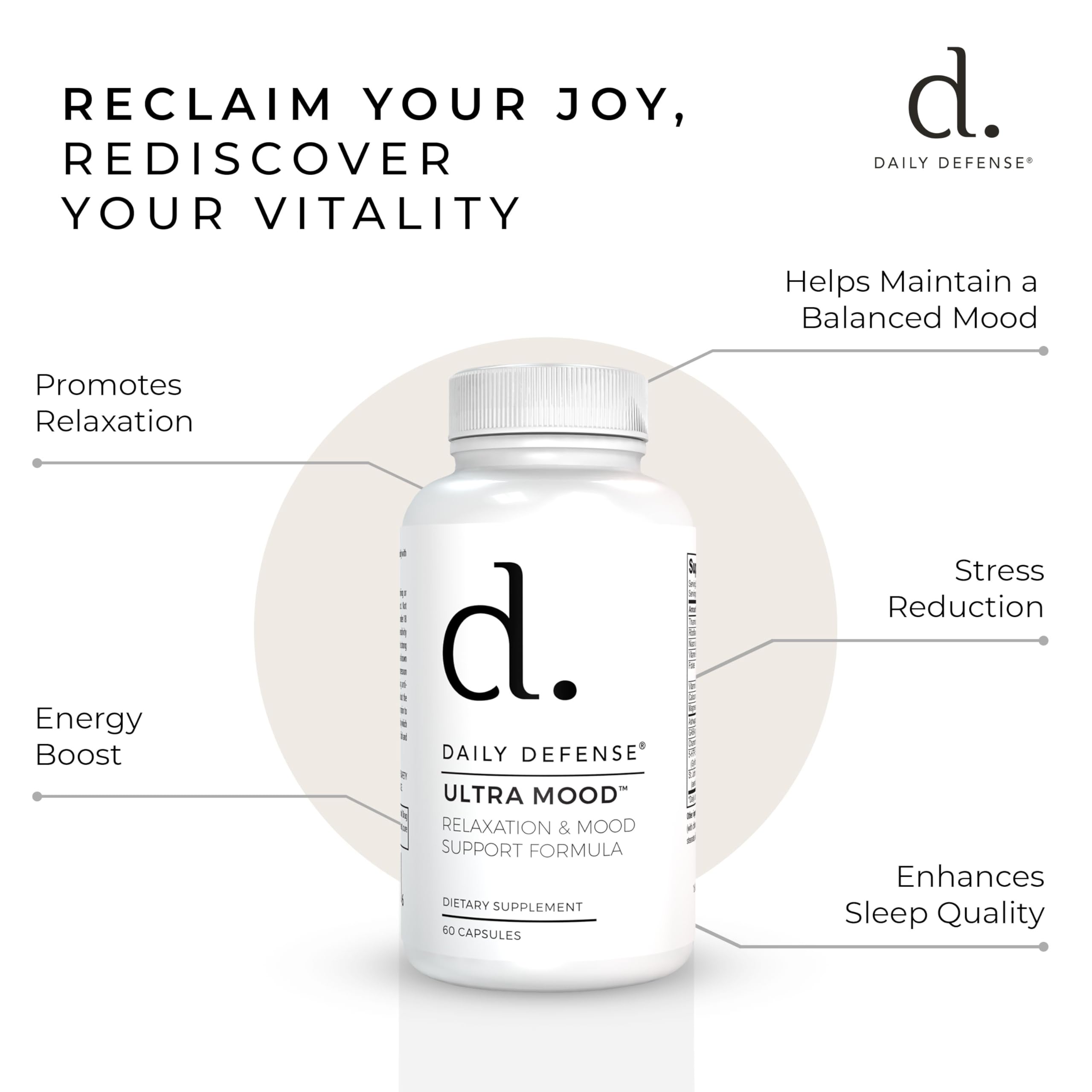 Daily Defense Mood Support Supplement - Ultra Mood 60 Count Mood Enhancer with Calcium Carbonate, Folic Acid, GABA, 5-HTP, Ashwagandha Root Extract & More - Non GMO Mood & Relaxation Supplement Daily DefenseBuy Supplements Australia