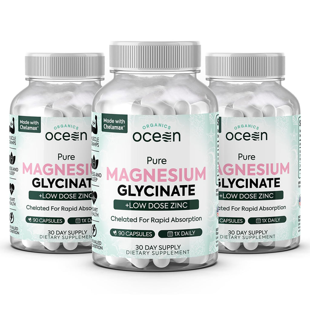 Organics Ocean Pure Magnesium Glycinate with Zinc - Maximum Strength Chelated Magnesium Supplement for Women and Men for Muscle Cramps and Sleep Support - 3 Bottles Organics OceanBuy Supplements Australia