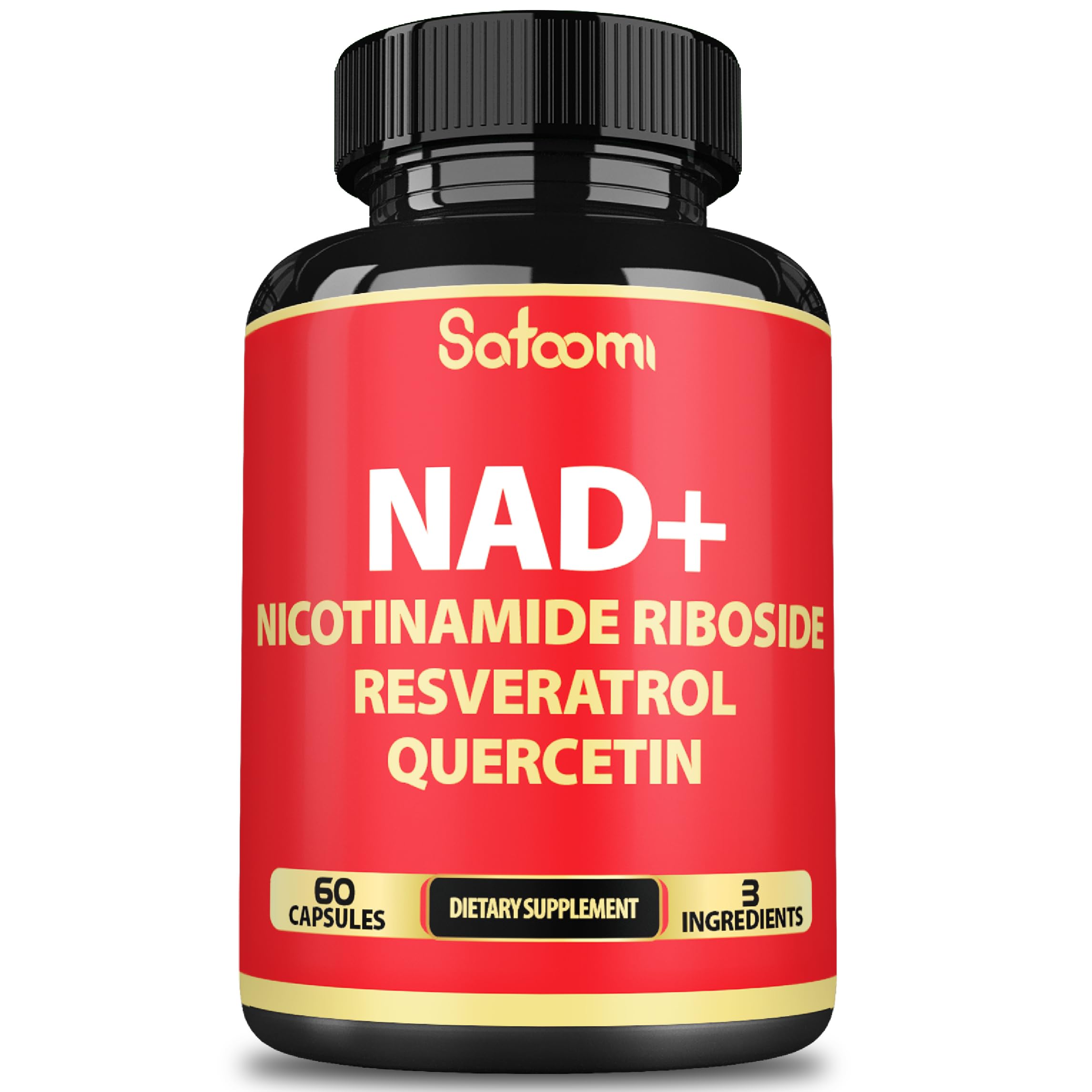Supplement bottle with red label featuring ingredients on a white background