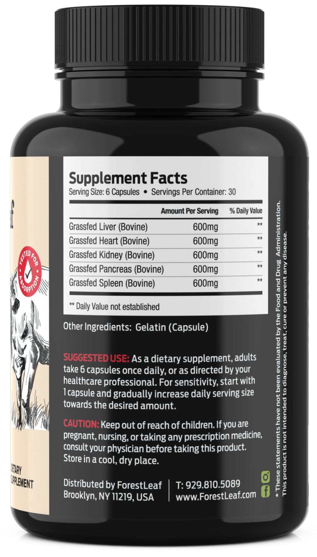 ForestLeaf Beef Organ Supplement - Grass Fed & Pasture Raised - Total Body Wellness & Performance, Organ Complex with 3000mg of Desiccated Beef Liver,