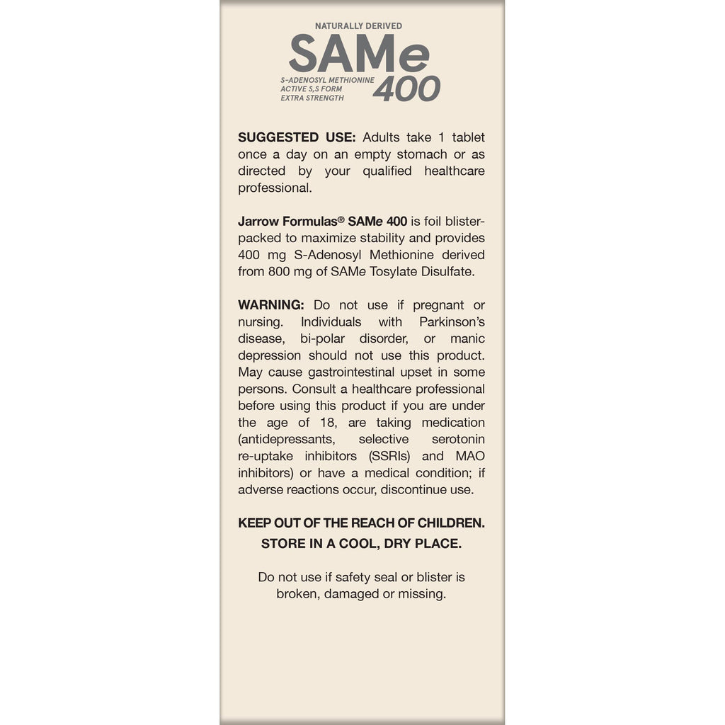 Jarrow Formulas SAMe Supplement 400 mg - 60 Tablets - High Concentration of Active S,S Form - Supports Joint Health, Liver Function, Brain Metabolism, Balanced Mood & Antioxidant Defense - 60 Servings Jarrow FormulasBuy Supplements Australia