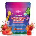 Revinutra 12-IN-1 Magnesium Complex gummies packaging with cartoon animals and strawberries on a white background