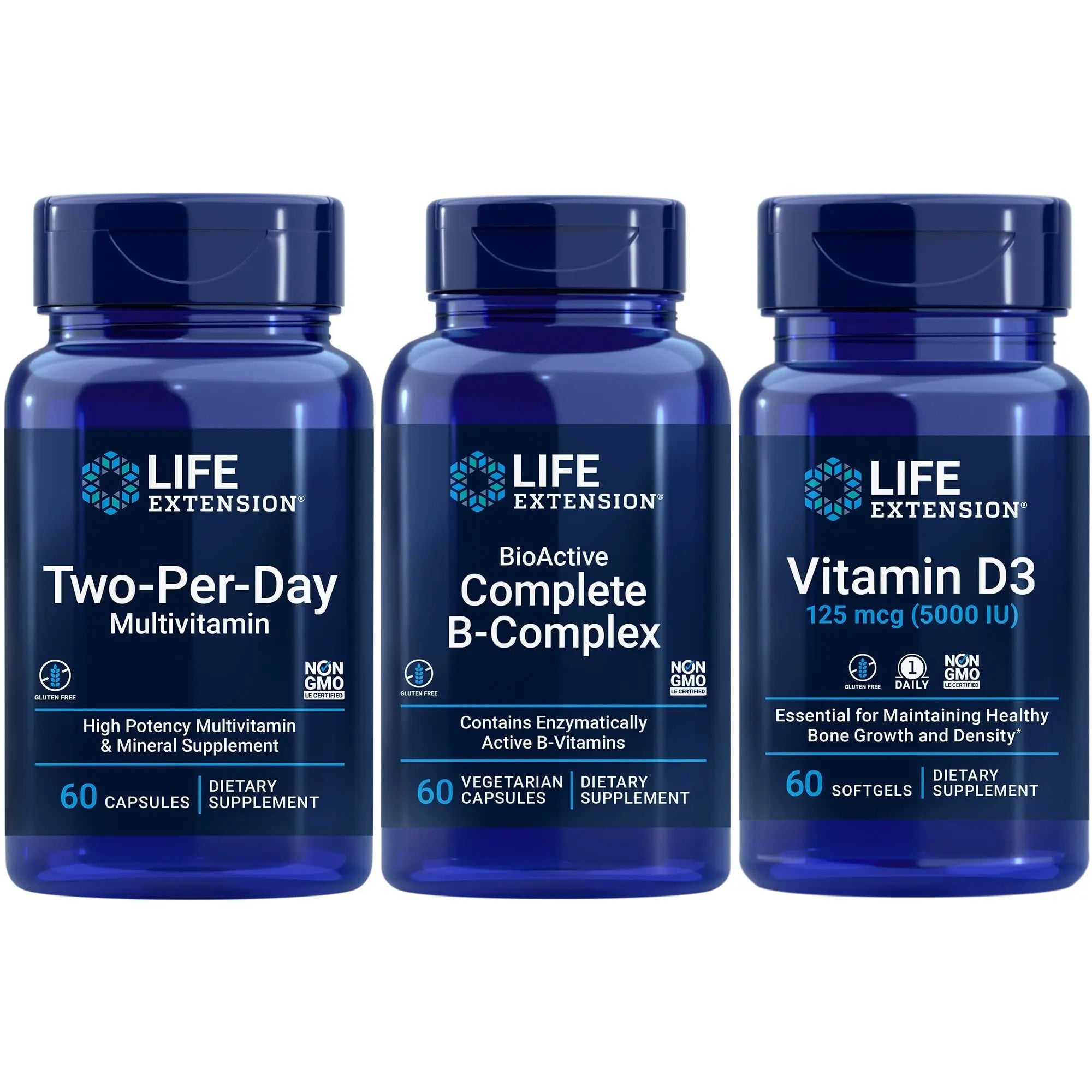 Life Extension Two-Per-Day Multivitamin, 60 capsules | BioActive Complete B-Complex, 60 capsules | Vitamin D3 125 mcg (5000 IU), 60 softgels | Bone & immune health, energy and metabolism support Life ExtensionBuy Supplements Australia