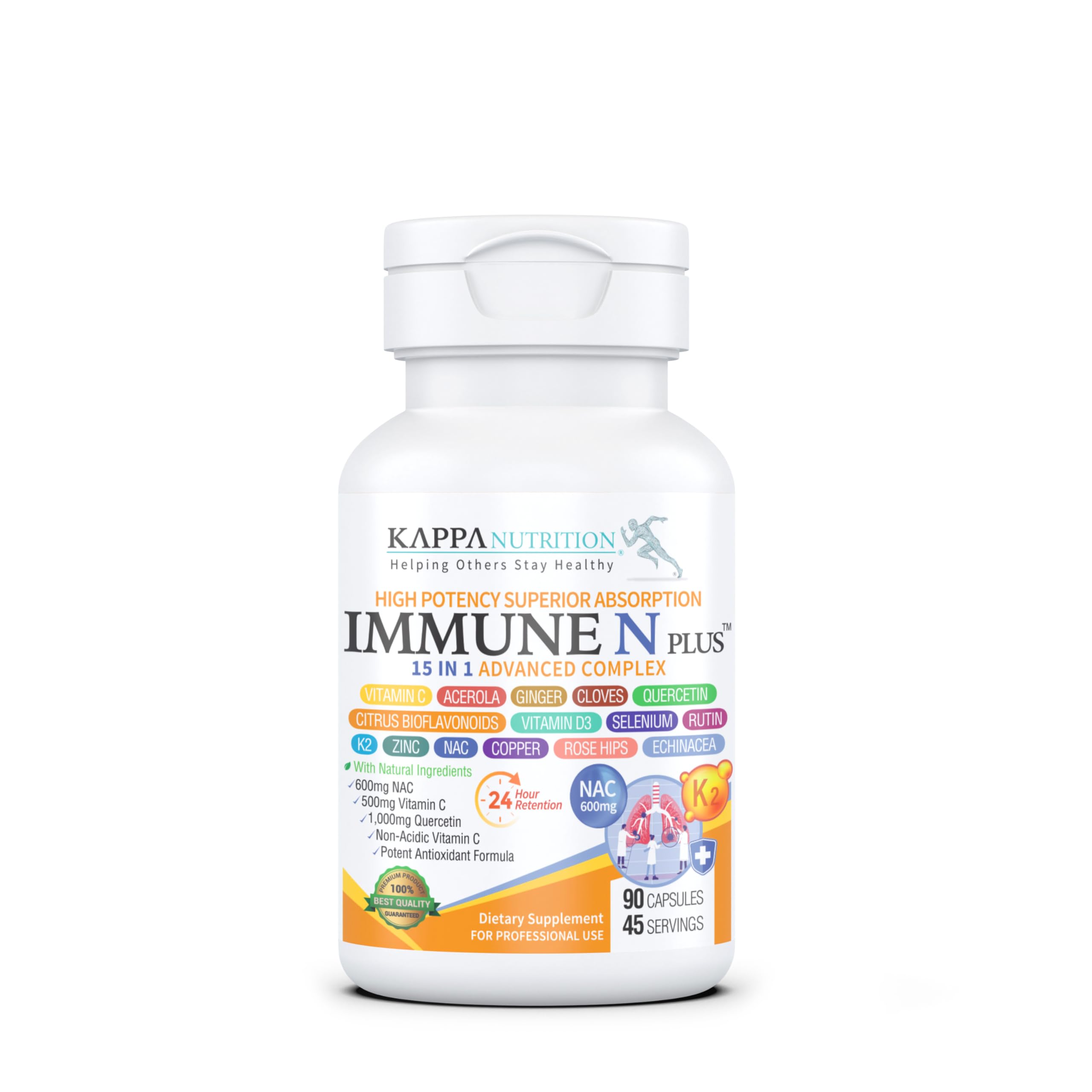(90 Capsules), NAC 600mg, Quercetin 1,000mg, Vitamin C 500mg, Zinc 50mg, Vitamin D3 5,000iu, Selenium, Copper, Acerola, Ginger, Rutin, Citrus Bioflavonoids, Rose Hips, Echinacea, Immune N Plus 15 in 1 KAPPA NUTRITIONBuy Supplements Australia