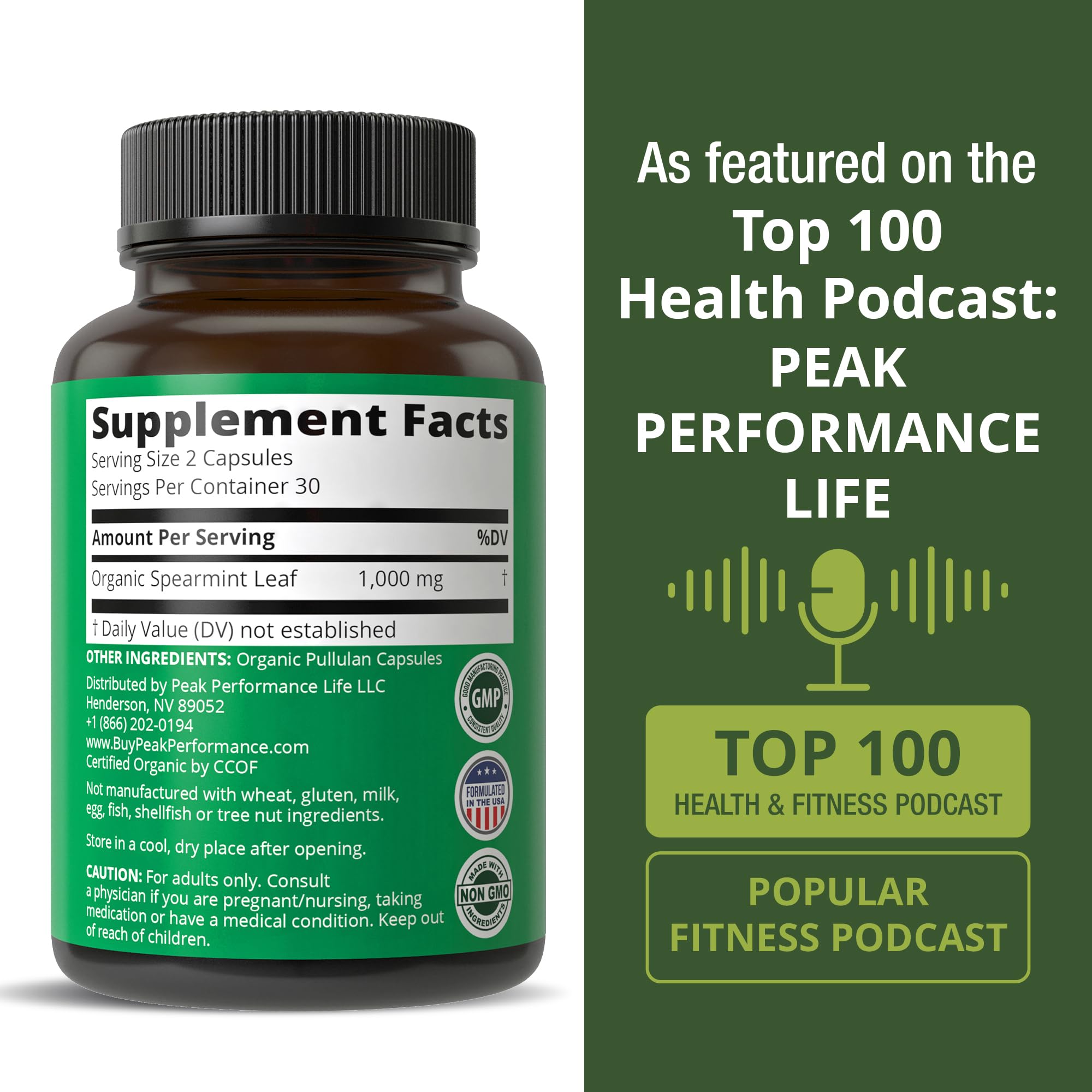 Peak Performance USDA Organic Spearmint Capsules. Organic Vegan Spearmint Leaf Pills for Digestive Support, Ingestion, and More. USA Tested Supplement for Women and Men. Peak PerformanceBuy Supplements Australia