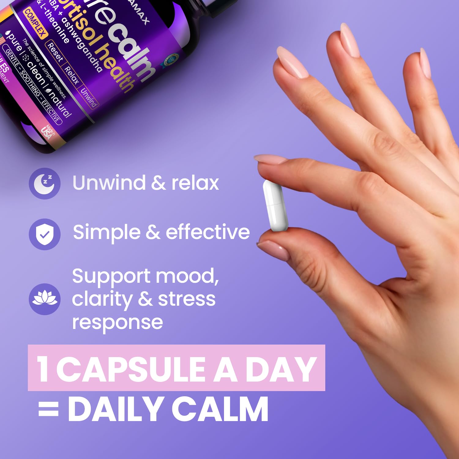 Vitamax Pure Calm Cortisol Supplements for Women - L Theanine, Ashwagandha, GABA for Relaxation, Mood & Stress Support with Ginkgo Biloba, Bacopa Monnieri, 5-HTP – Non-GMO, Made in USA – 60ct VitamaxBuy Supplements Australia