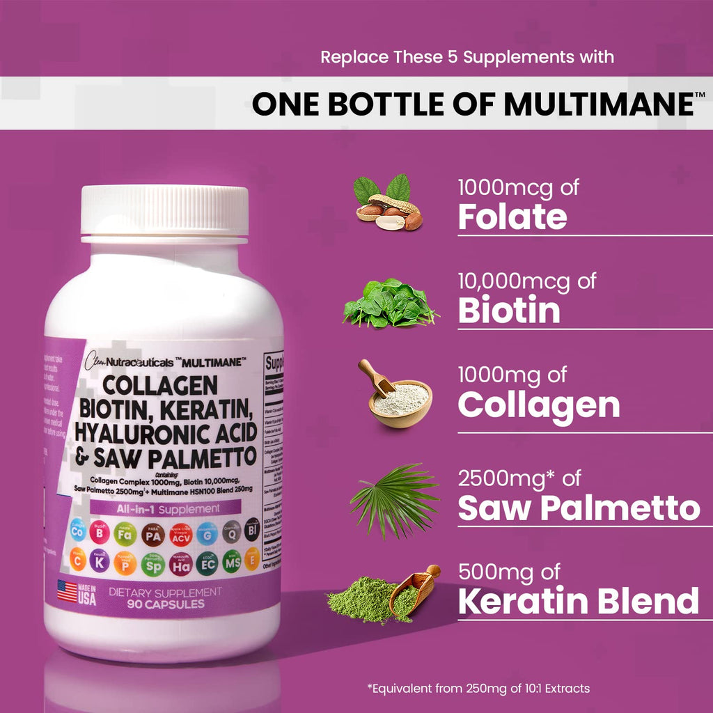 Collagen Pills 1000mg Biotin 10000mcg Keratin Saw Palmetto 2500mg 90 Ct