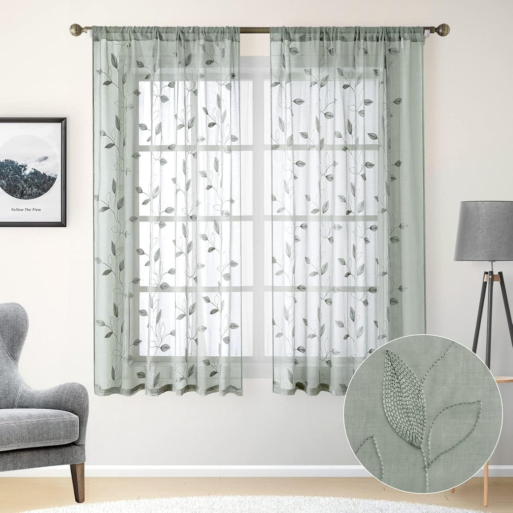HOMEIDEAS Sage Green Sheer Curtains 52 X 63 Inches Length 2 Panels Embroidered Leaf Pattern Pocket Faux Linen Floral Semi Sheer Voile Window Curtains/Drapes for Bedroom Living Room