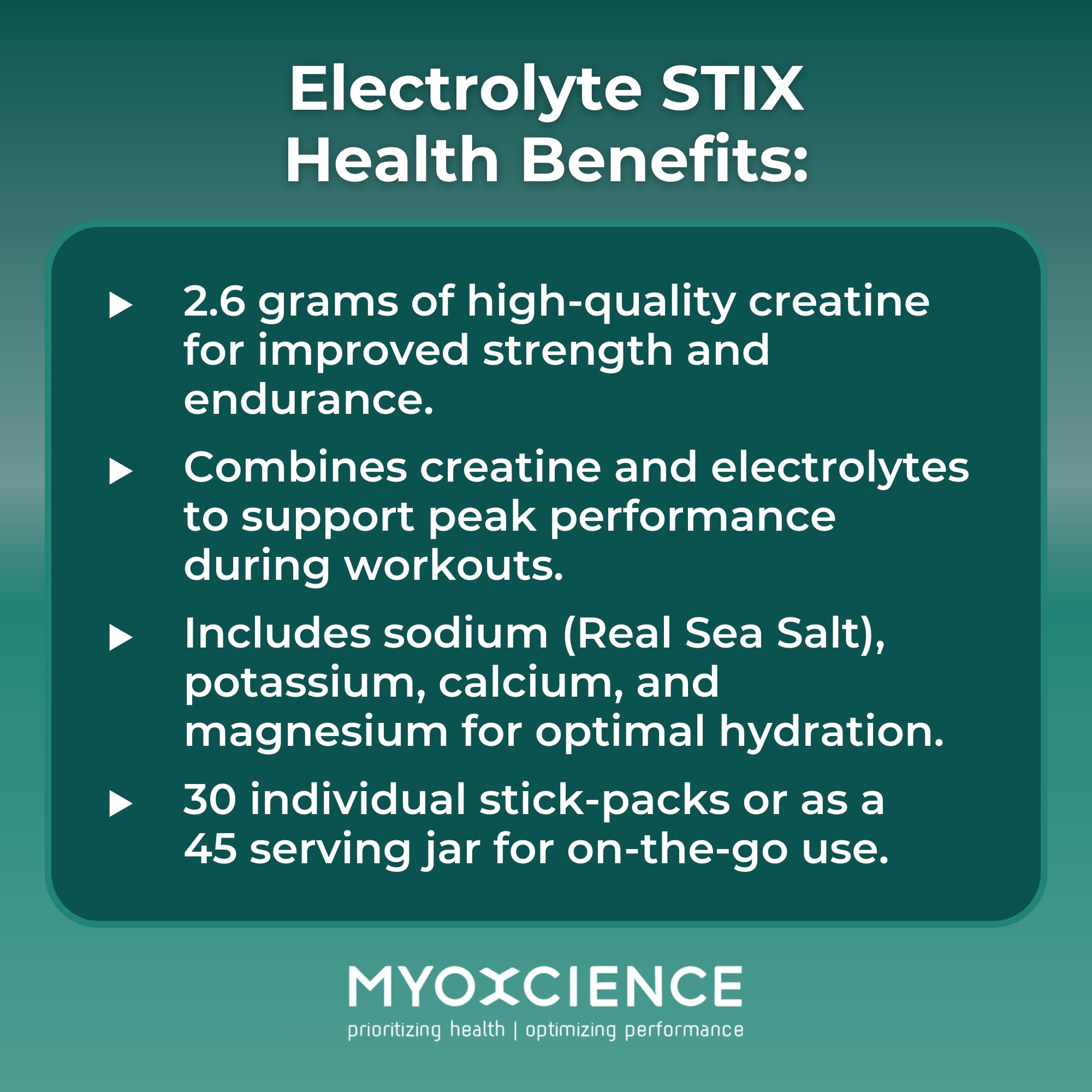 MYOXCIENCE Electrolyte STIX | Creatine Electrolyte Powder | Recovery from Exercise & Muscle Development w/Real Salt (Unflavored) (Jar 45 ct) MYOXCIENCE buy supplements Au