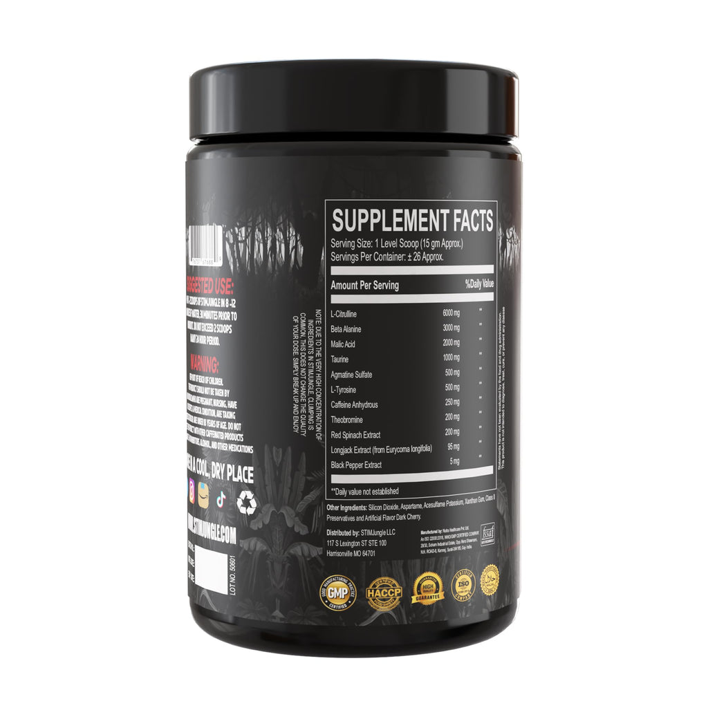 STIMJungle Essential Preworkout •Insane Energy •6G L-Citrulline •3G Beta Alanine •Tongkat Ali •Caffeine •Theobromine