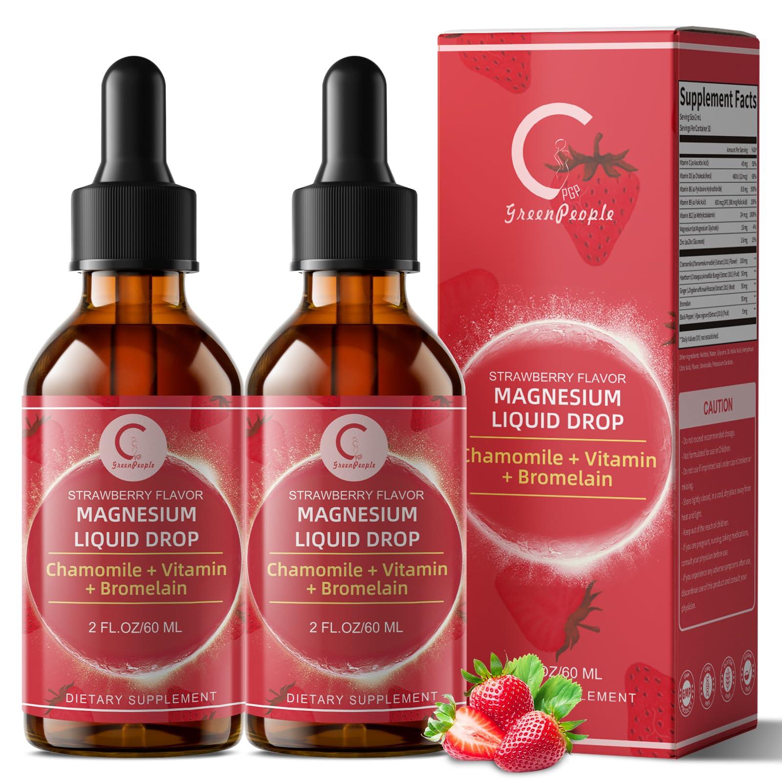 (2 Pack) Magnesium Glycinate Liquid with Chamomile, Hawthorn & Ginger for Stress Relief and Digestive Comfort, Fast Absorption, Non-GMO, Vegan Formula, Sugar Free, Strawberry Flavor, 4 Fl OZ GPGP GreenPeopleBuy Supplements Australia